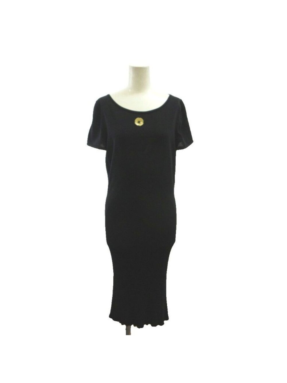 Chanel Knit Dress Silk Blend Black Camellia CC Logo Round Neck Short Sleeve 40
